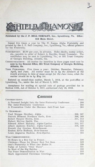 The Shield And Diamond, Vol. 28, No. 3, Table Of Contents